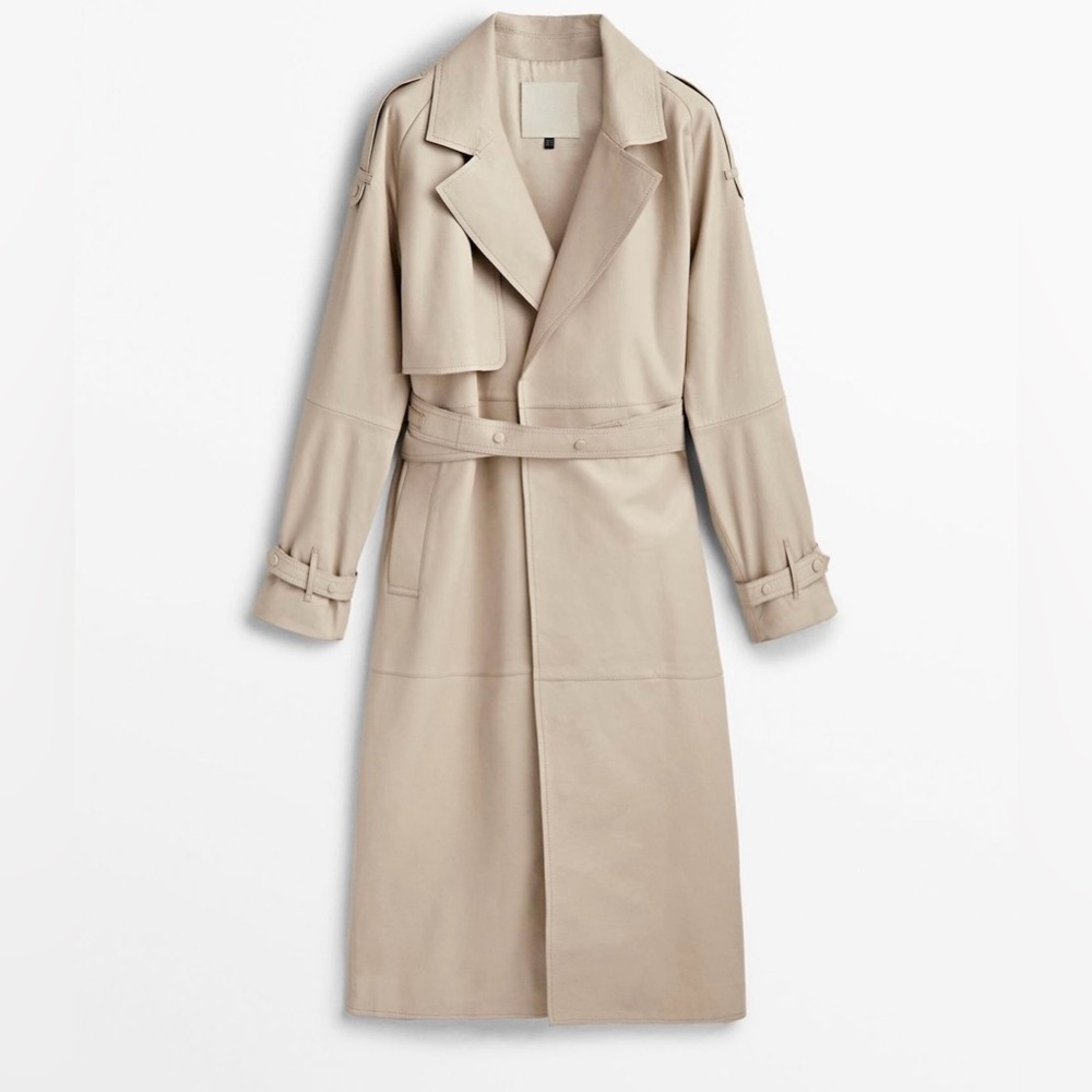 Massimo Dutti ivory leather trench coat with belt classic casual long jacket